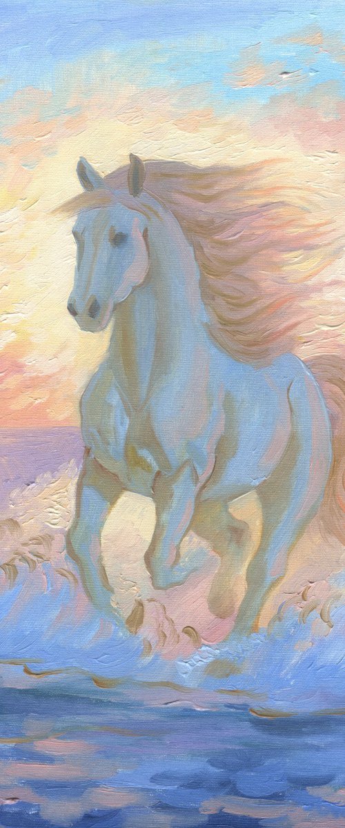 Horse at sunset sea waves by Julia Logunova
