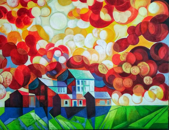 A unique day (80x90cm, cubism, oil painting, ready to hang)
