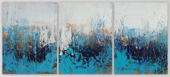 Large Abstract Painting. Modern White, Blue and Gold Textured Art. Painting with Structures. Triptych