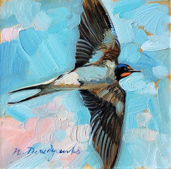 Swallow bird painting original oil 4x4, Bird in flight painting mini in blue frame, Small picture framed for mom