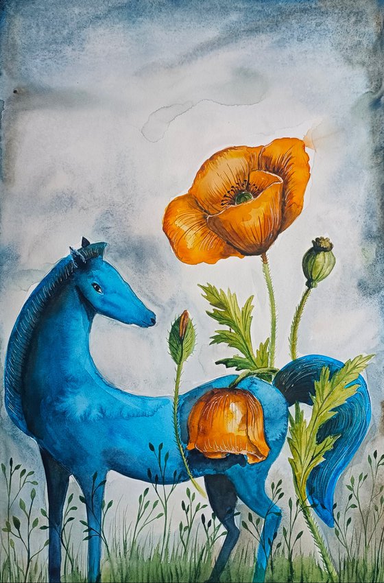 Blue Horse and Poppy Flowers