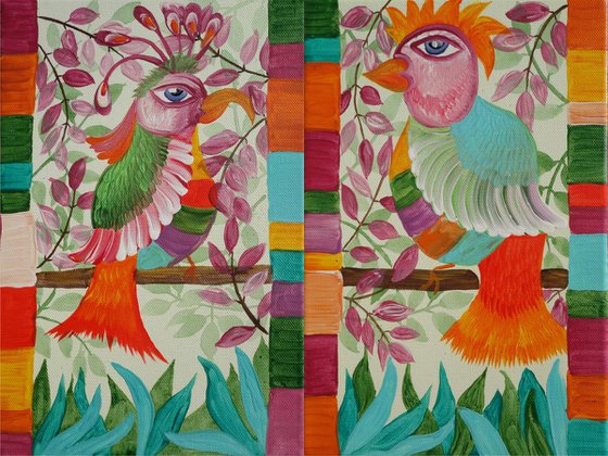 Bird-of-paradise Folk bird B059 set of 2 Small paintings acrylic on canvas