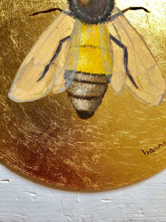 My Little Golden Honeybee Oil Painting on Round Lacquered Golden Leaf Canvas Frame