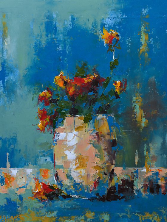 Modern still life painting. Flowers in vase. Flowers painting for gift