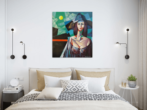 Full Moon (70x80cm, cubism, oil painting, ready to hang)