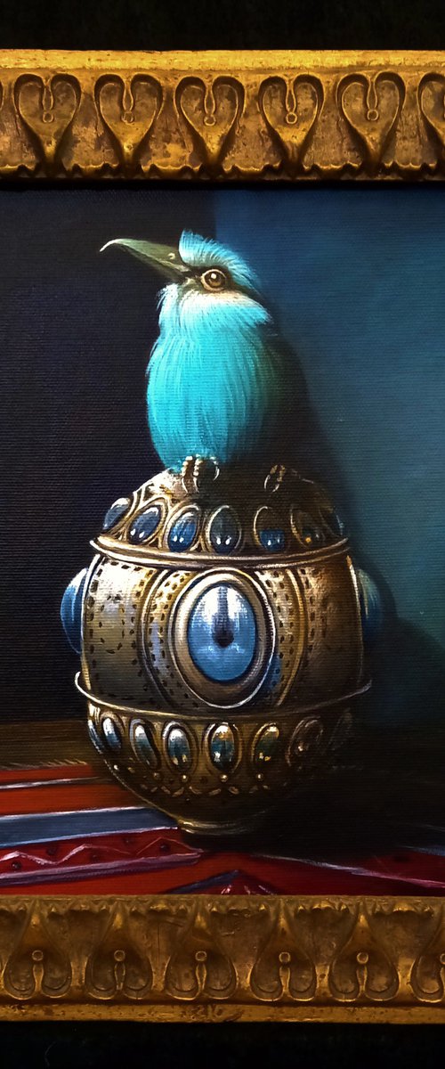" Steel and feathers " - original acrylic on canvas framed - 34 x 37 x 2 cm / 14 x 15 inches by Valentina Toma' aka Zoe Chigi