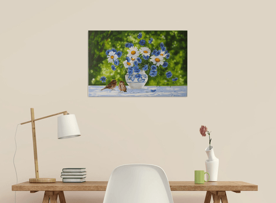 White Blue Flowers Painting