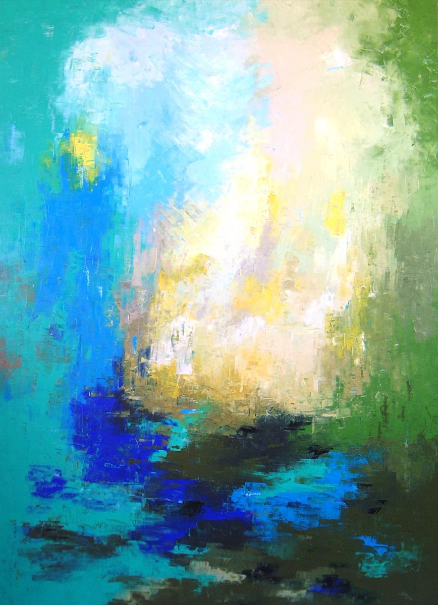 Abstract Landscape Oil Painting By Saroja Van Der Stegen, 46 X 65", Green (#:953-100P), Original Artwork