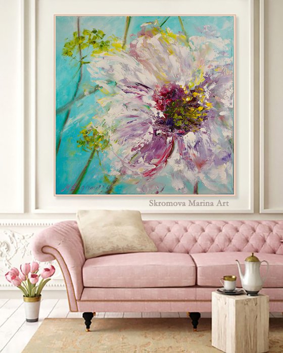 SUN - Delicate chamomile. Floral abstraction. Botanical art. Pink flower. Floral motives 3d. Herbs. Umbrellas.