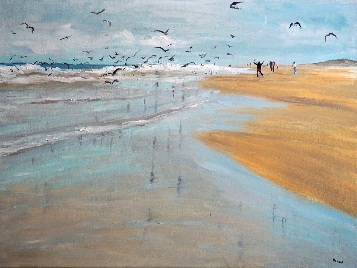 Impressionistic Landscape Oil Painting By Yuanyuan Liu, 31 X 24", Seascape, Original Artwork