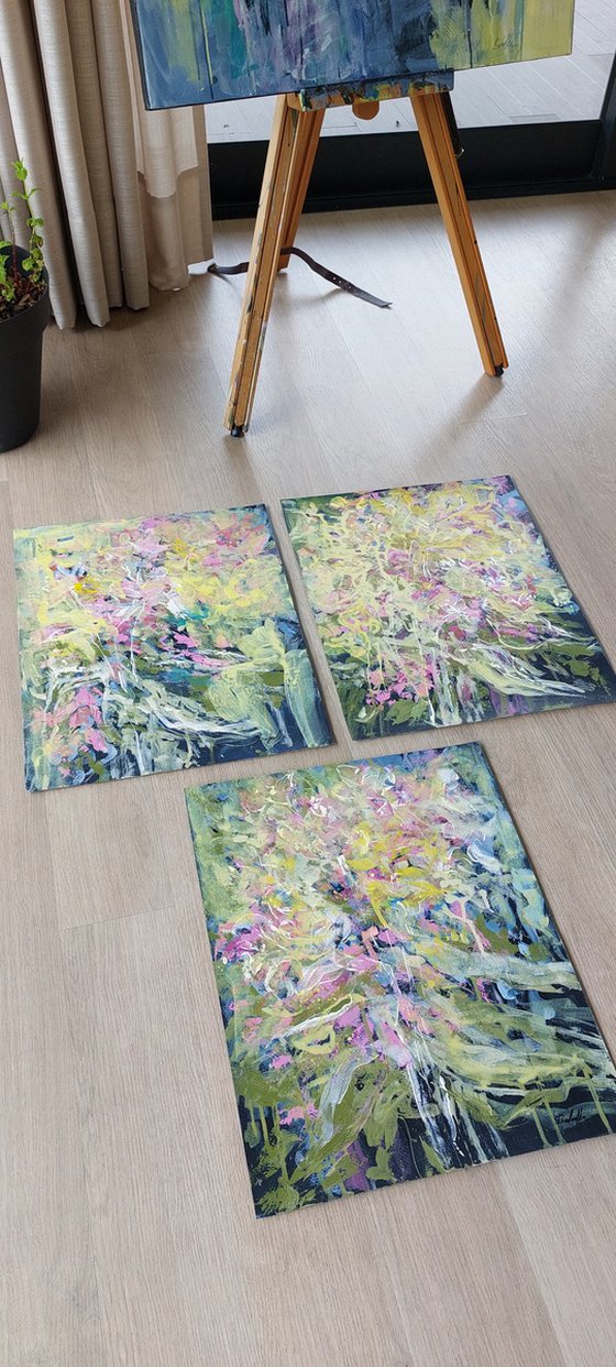 Abstract Floral Triptych on Paper