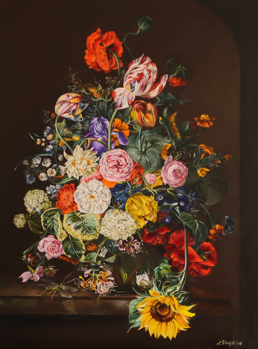 Photorealistic Oil Painting , Dutch Floral Still Life With Sunflower By Natalia Shaykina, 24 X 31, Artwork For Sale On Artfinder