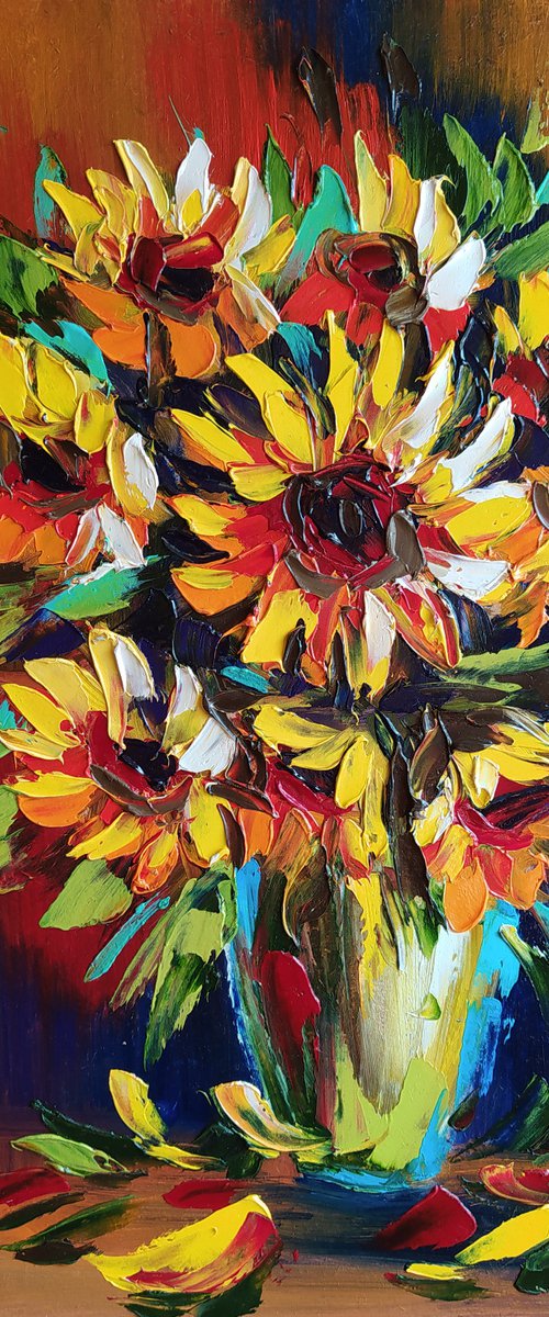 Bright sunflowers in vase by Anastasia Kozorez