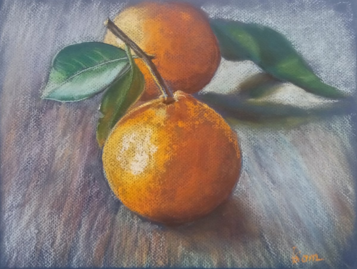 Tangerine with a green leaf by Liubov Samoilova