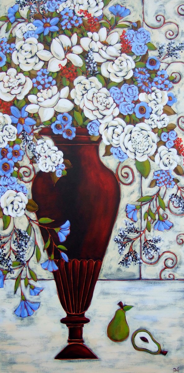 Blue and White Blooms with Pears by Karen Rieger