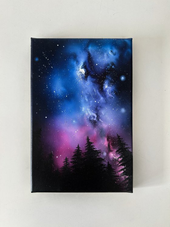 in forest // night forest starry sky nebula space oil painting