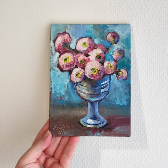 Pink Blossoms in a Silver Vase