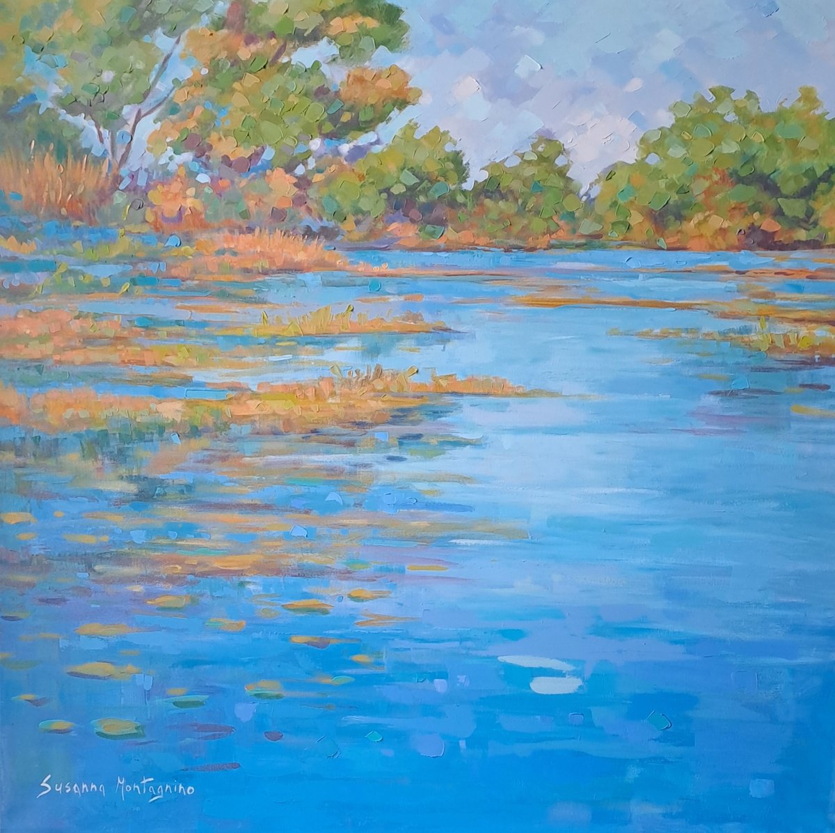 Impressionistic Landscape Oil Painting By Susanna Montagnino, 28 X 28", Refractions, Original Artwork