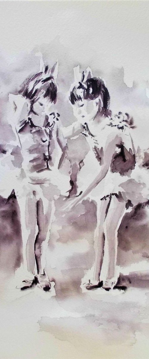 Two Little Ballerinas - Original ballet watercolor painting by Antigoni Tziora