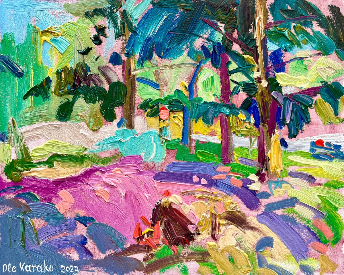 Impressionistic Landscape Oil Painting By Ole Karako, 12 X 9", Garden, Original Artwork