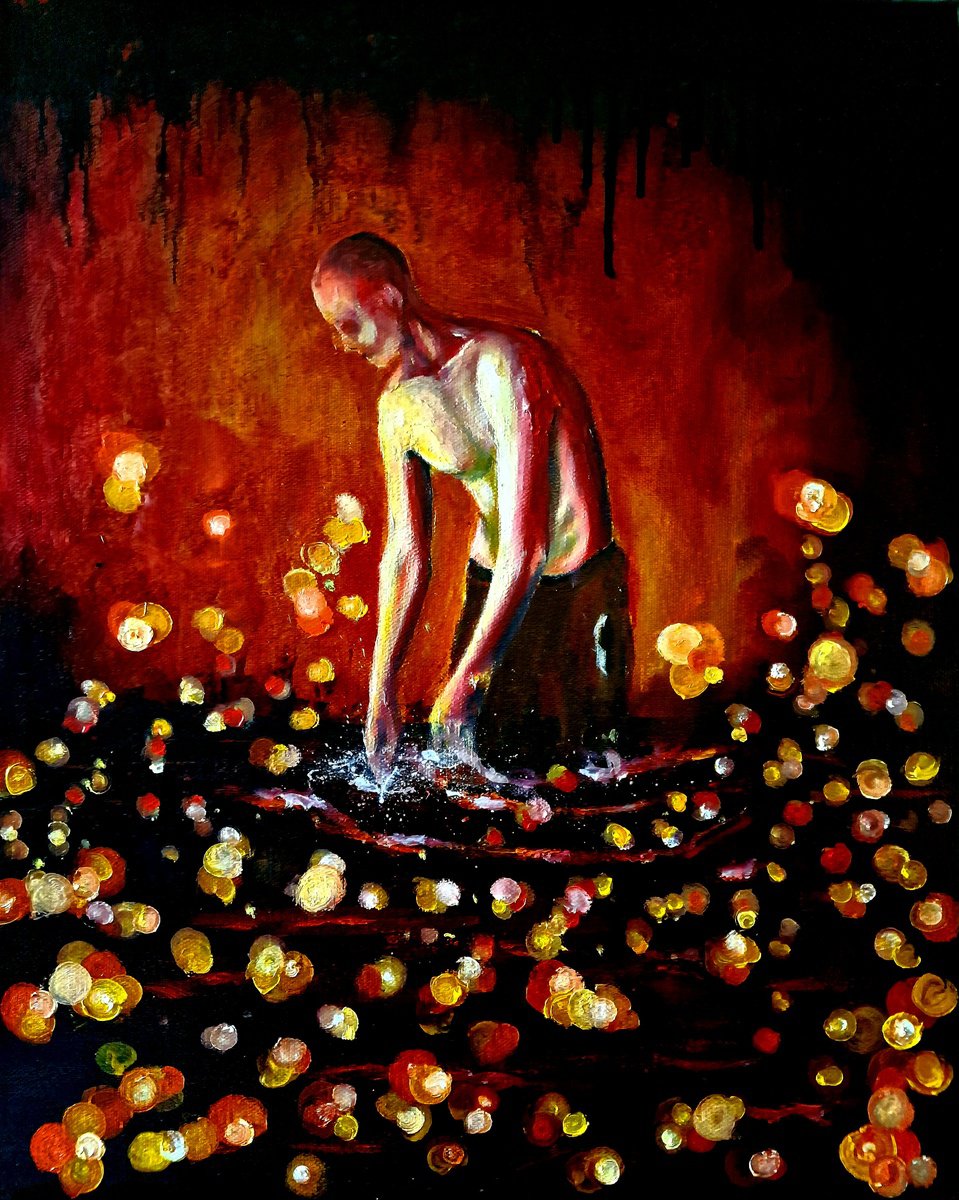 Surrealistic Portrait Oil Painting By Leezee Lee ( Georgiana L. Nicolae), 16 X 20", Wash It Off, Original Artwork