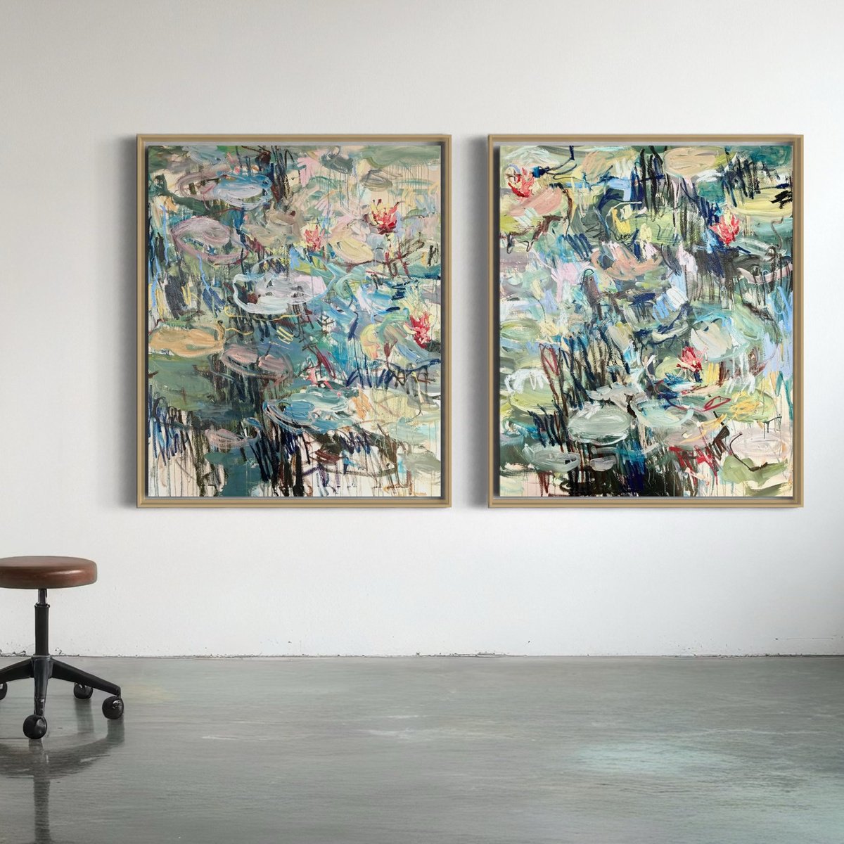 Expressive Landscape Oil Painting By Lilia Orlova-Holmes, 79 X 47", Spring Pond. Diptych, Original Artwork