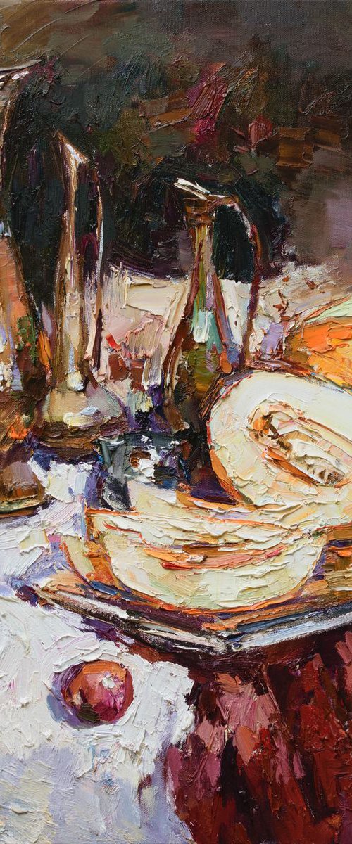 Summer still life with Melons 90 x 90 cm by Anastasiia Valiulina