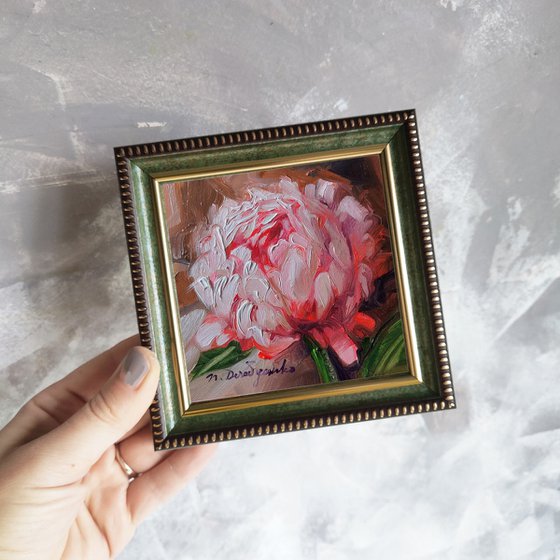 Unique peony wall art, Small oil painting pink flowers original in frame, Peonies art gift for bestfriend