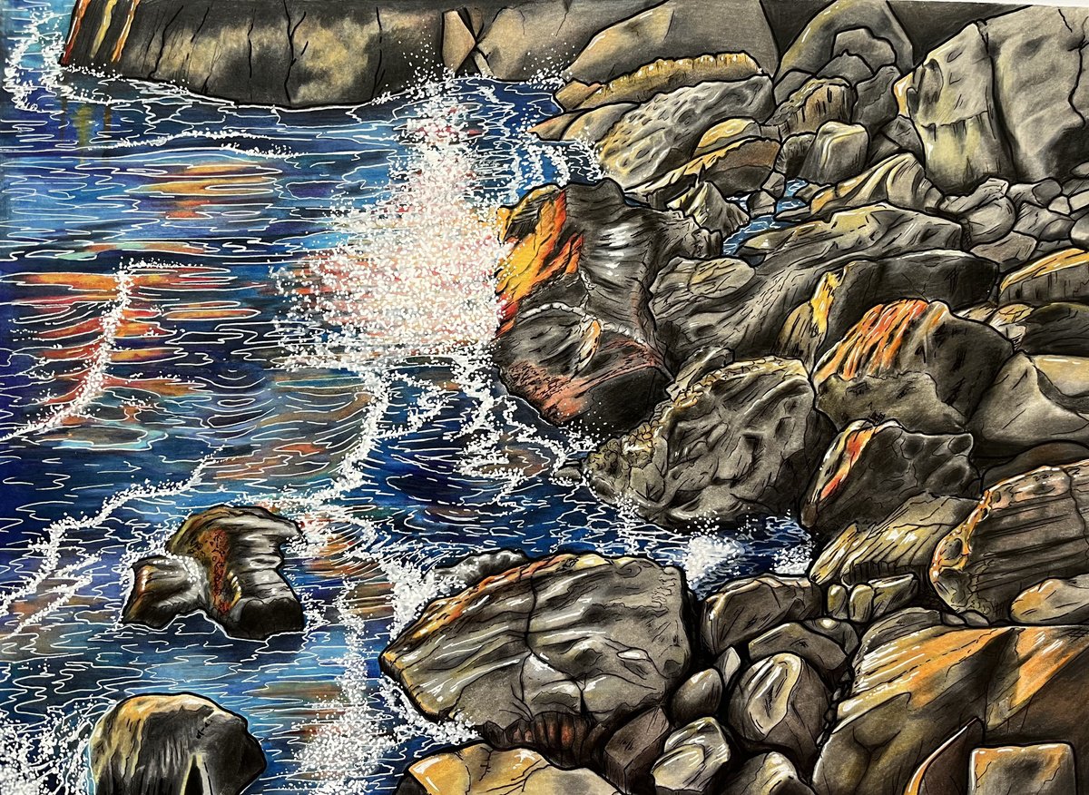 Illustrative Painting , Sun Kissed Shoreline By Karen Elaine Evans, 17 X 12, Artwork For Sale On Artfinder