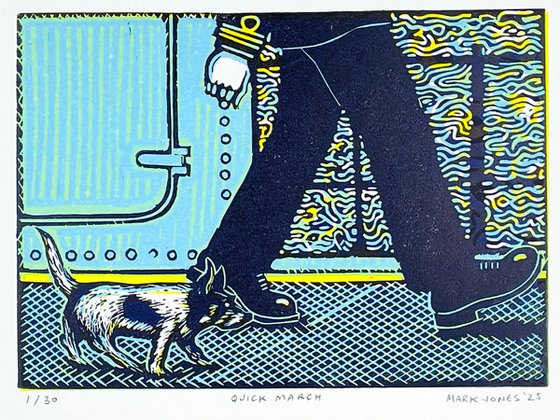 Quick March - Blue linocut