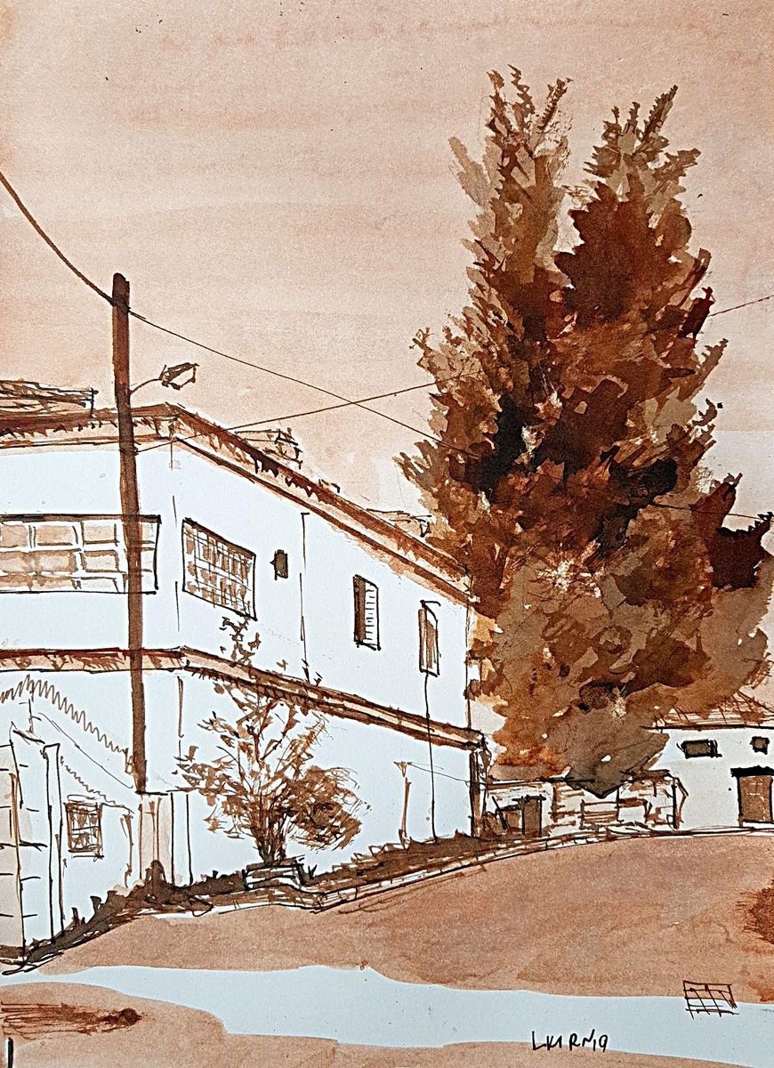 Cityscapes Ink Drawing By Leonid Kirnus, 10 X 14", Pine Trees, Original Artwork