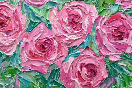 Pink Roses - Heavy Impasto Floral Painting, Palette Knife Art