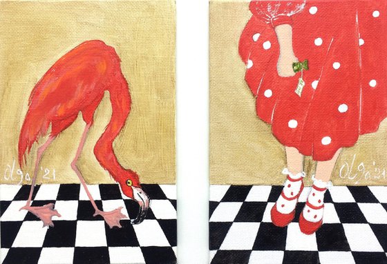 Diptych original oil paintings - Alice in Wonderland - Set of 2 miniature - Girl and flamingo (2021)