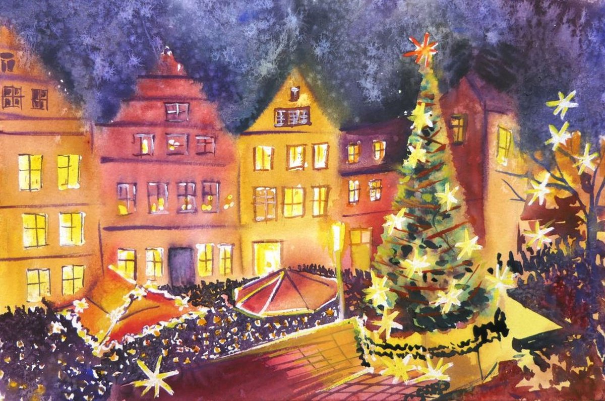 German Christmas Market Watercolor Painting Warm Lights Winter by Ion Sheremet