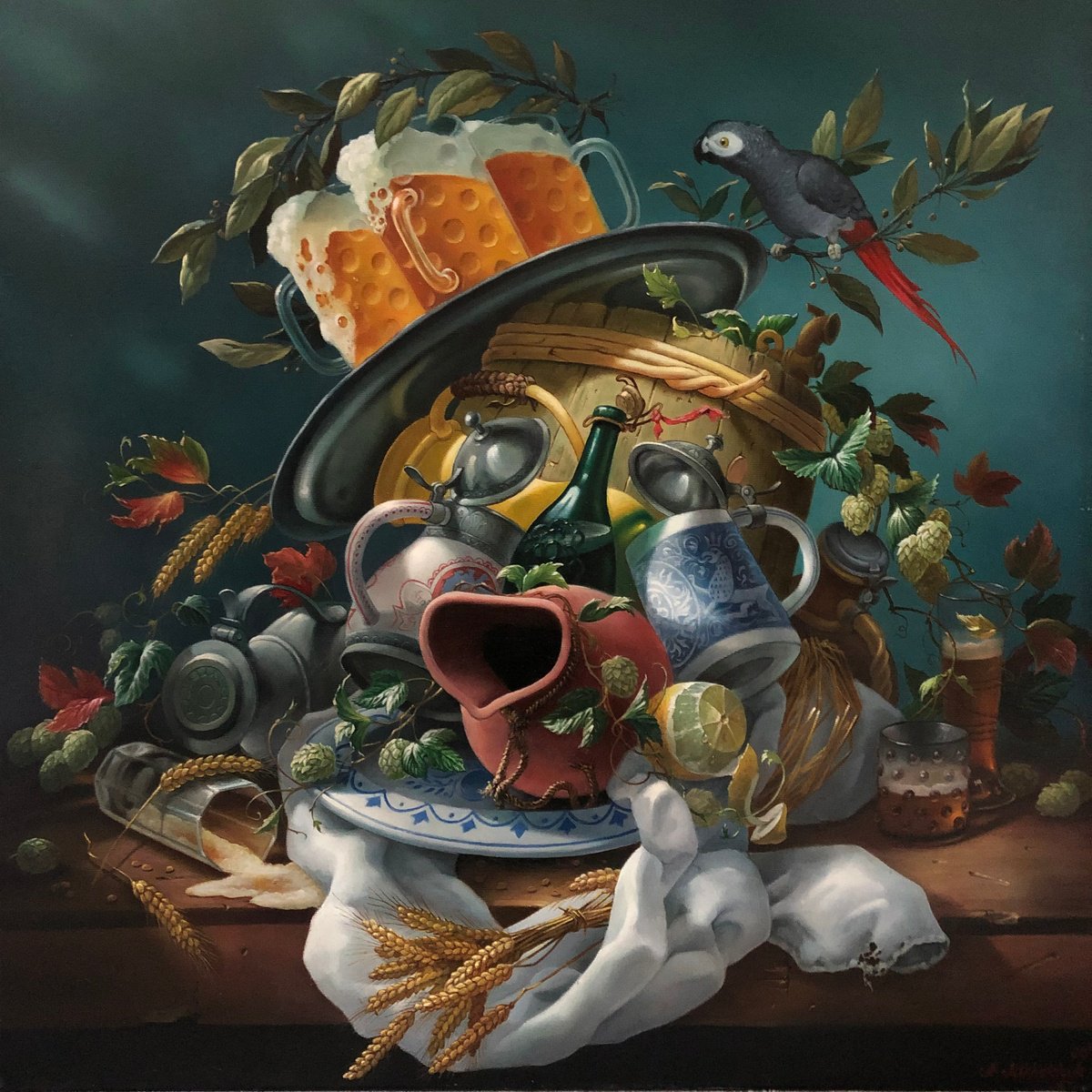 Photorealistic Still Life Oil Painting By Alexander Mikhalchyk, 28 X 28, Brewer., Original Artwork