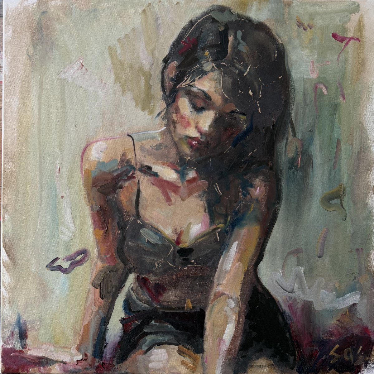 Expressive Portrait Oil Painting By Liubou Sas, 20 X 20", After Party, Original Artwork