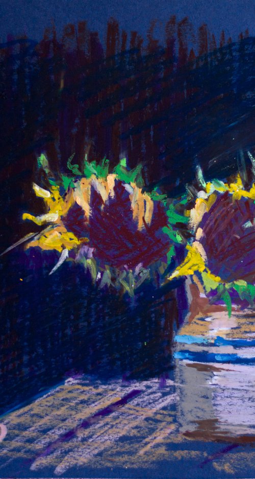 Dark still life with sunflowers. Oil pastel painting. Decor interior dark tones black blue flowers fall by Sasha Romm