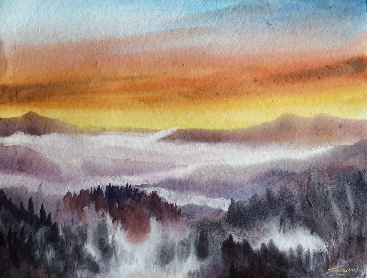 Impressionistic Watercolour , Cloudy Mountain Sunset By Samiran Sarkar, 15 X 11, Artwork For Sale On Artfinder