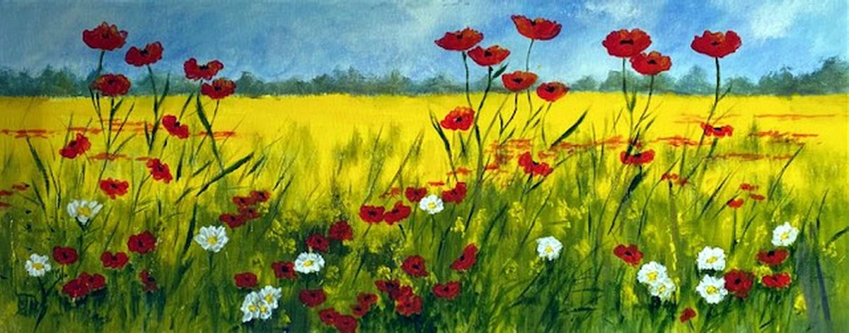 POPPIES IN THE RAPE FIELD by BARBARA  HARLOW