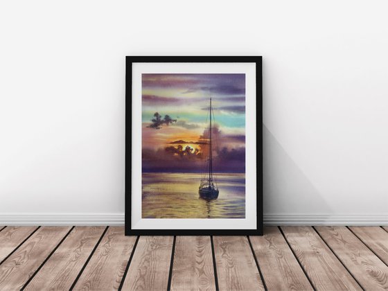 Sailboat - Yacht Art  - seascape - sea and sky - yacht -  sunset