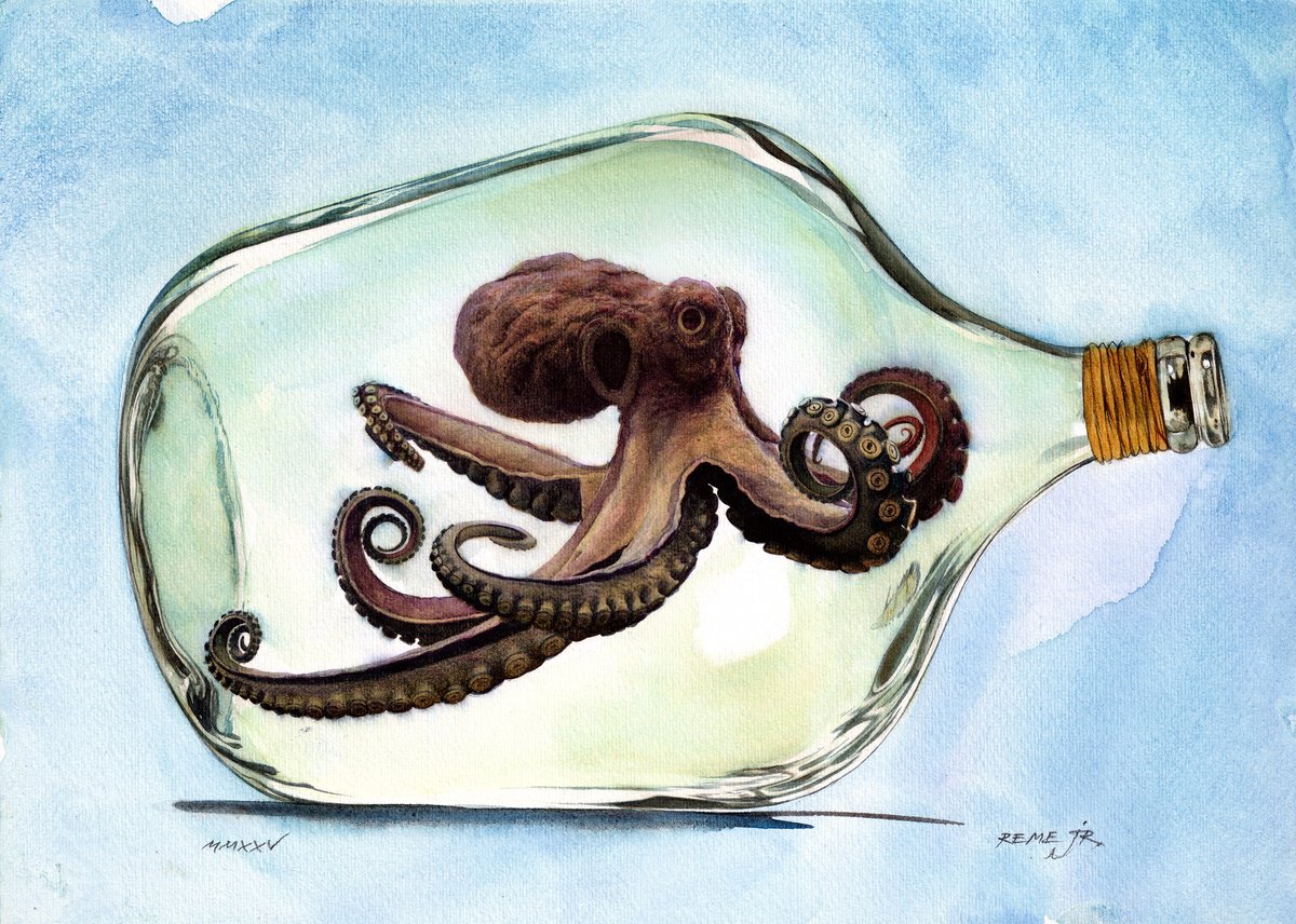 Photorealistic Animal Watercolour By Reme Jr., 14 X 10", Octopus In Jar, Original Artwork