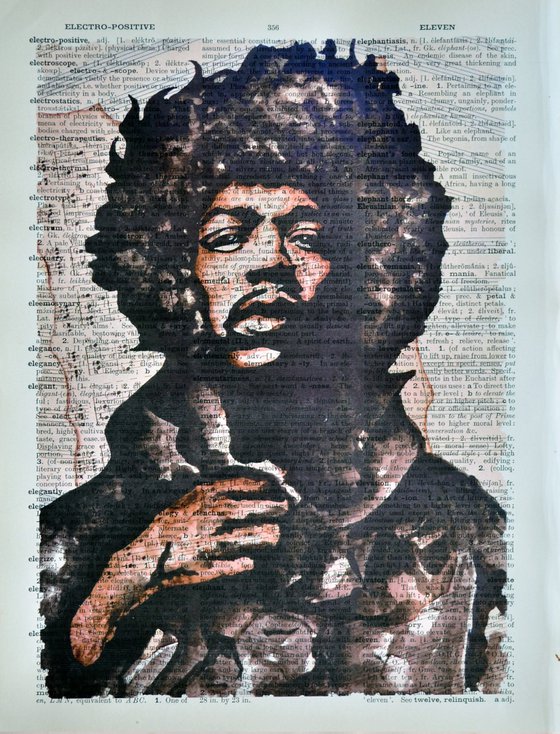 Jimi Hendrix Hand - Collage Art on Large Real English Dictionary Vintage Book Page