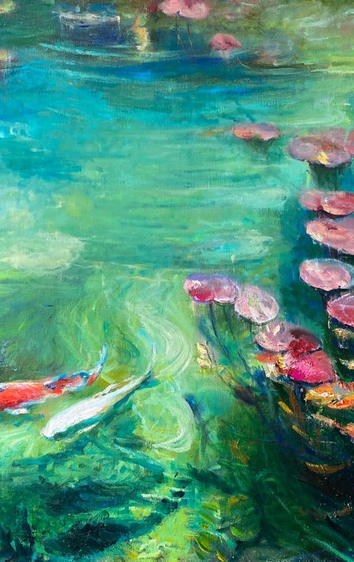 Lake with koi 120x80 cm. by Helen Shukina