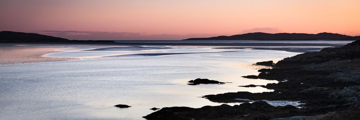 Sunset Over Luskentyre - Pink Sunset Panorama - Isle of Harris, Scotland by Lynne Douglas