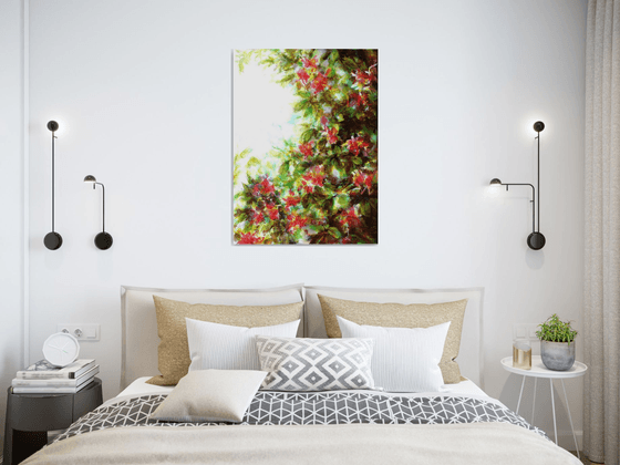 Red flowers on light - floral painting on canvas