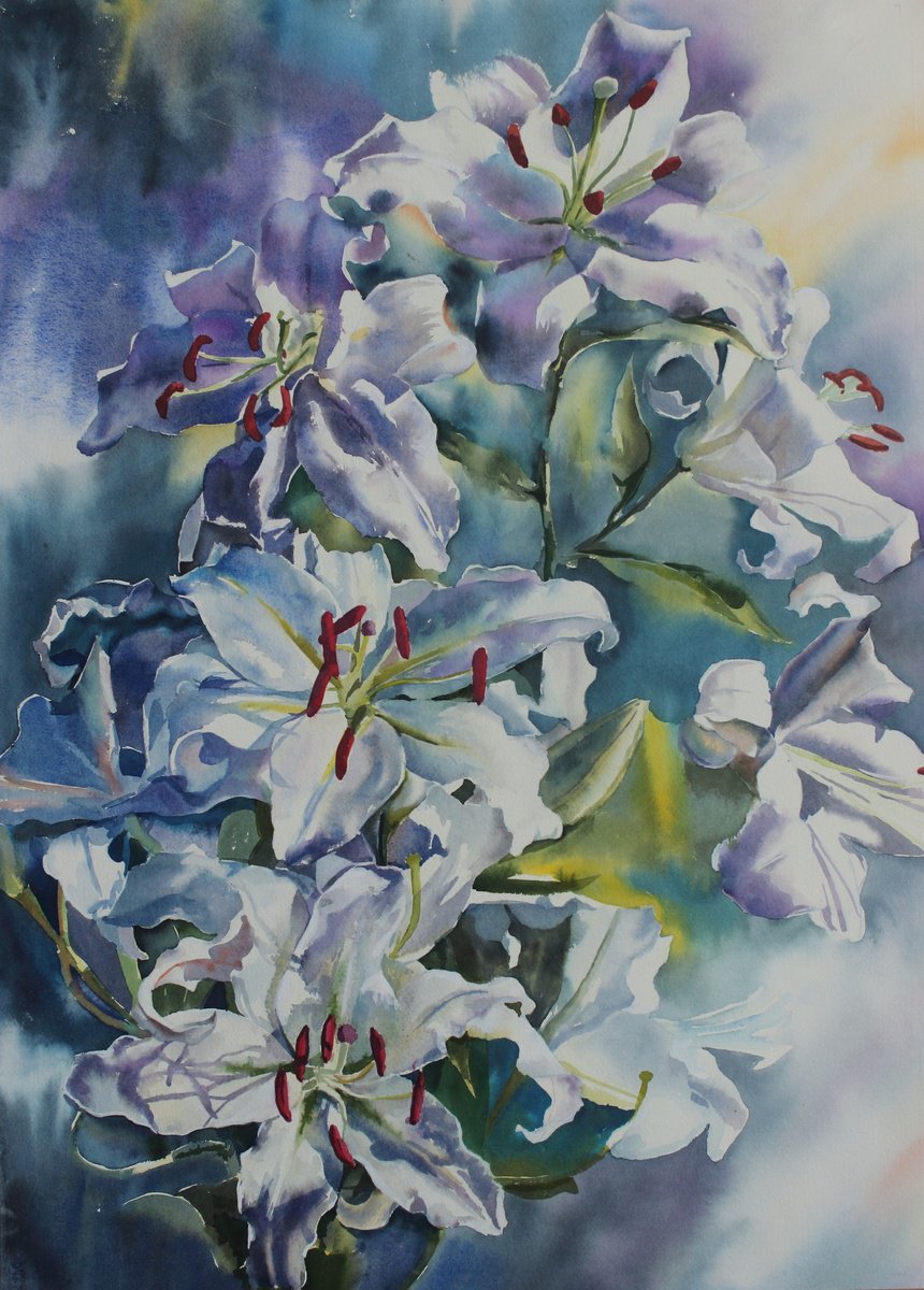 Impressionistic Botanical Watercolour By Yurii Pashkov, 20 X 28", White Lilies #5, Original Artwork