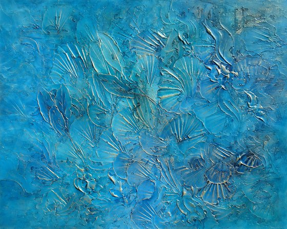 TROPICAL VIBES. Abstract Blue, Teal, Turquoise, Gold Textured Coastal Large Painting