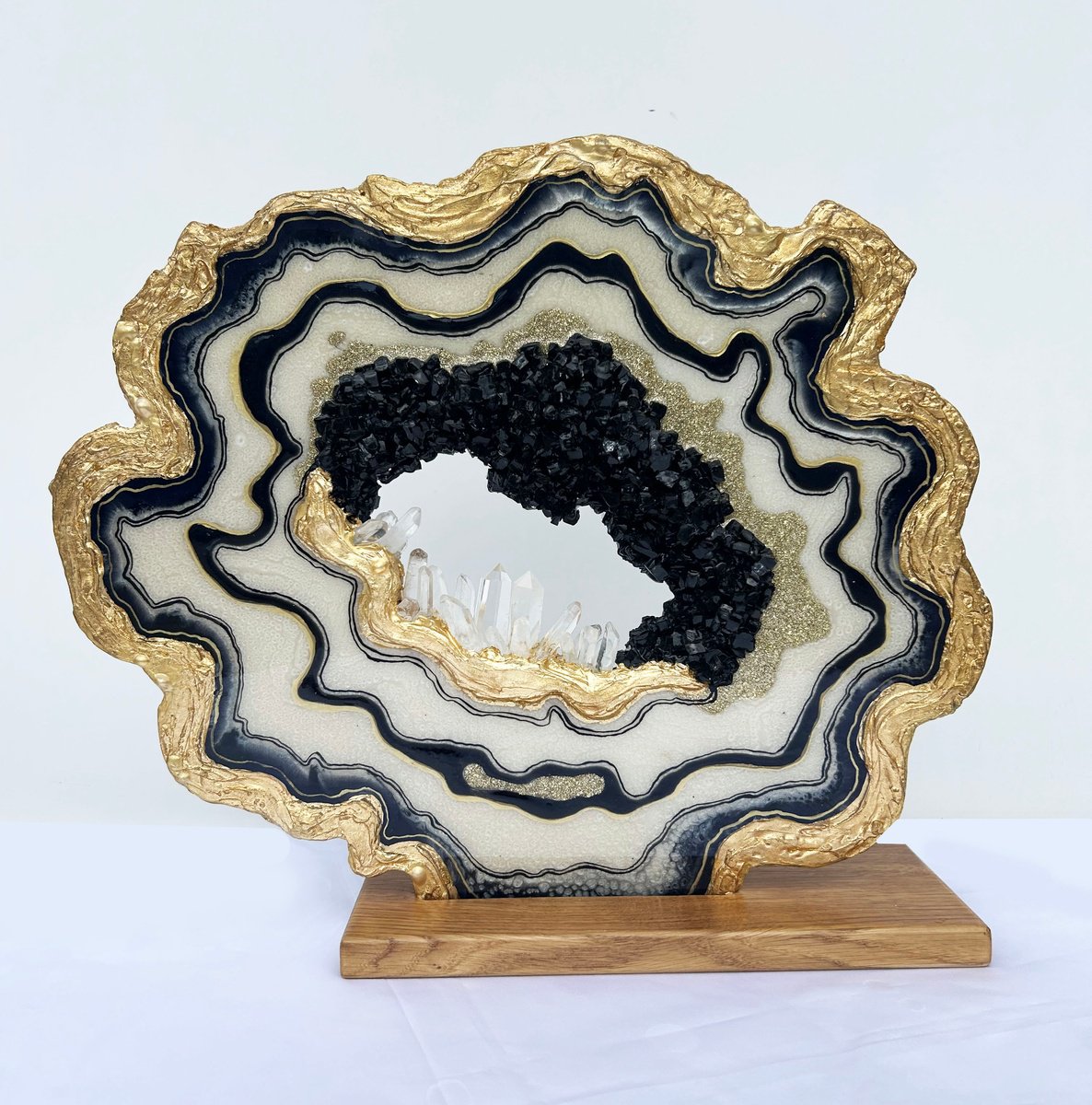 Organic Still Life Sculpture By Alexandra Dobreikin, 18 X 16, 3D Geode Gold Ivory Black, Original Artwork