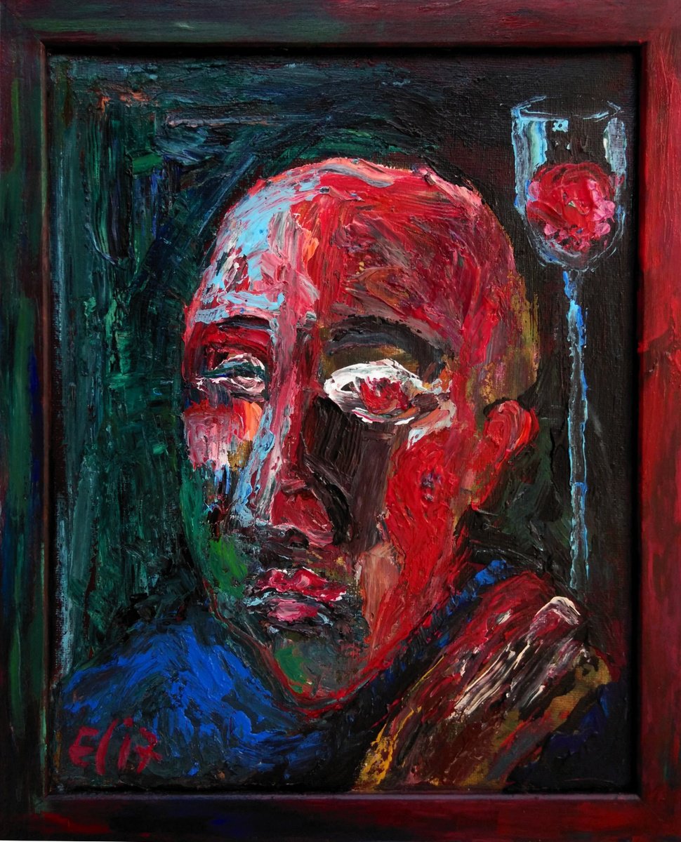 Expressive Portrait Acrylic Painting By Elisheva Nesis, 13 X 11, Wine Man, Original Artwork