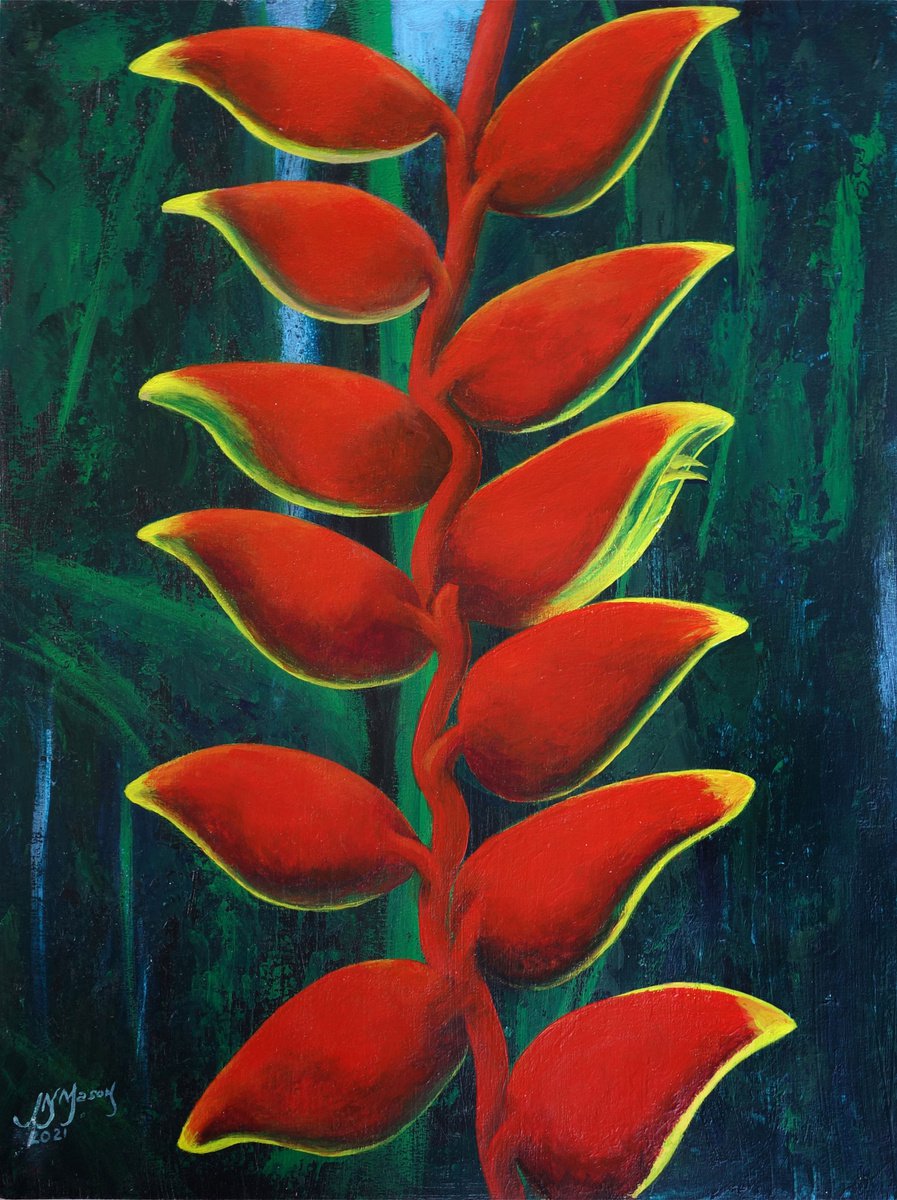 Tropical Beauty - Red and Green Heliconia Painting by Maria